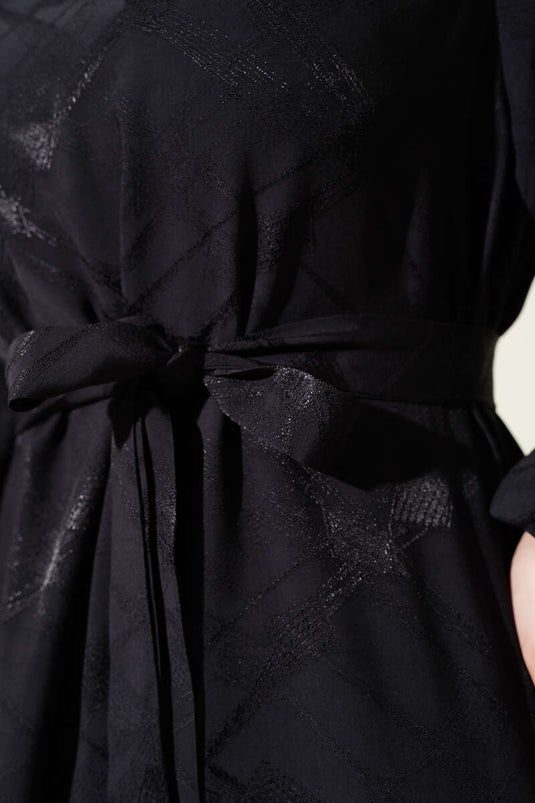 Patterned Balloon Sleeve Belted Jacquard Dress Black