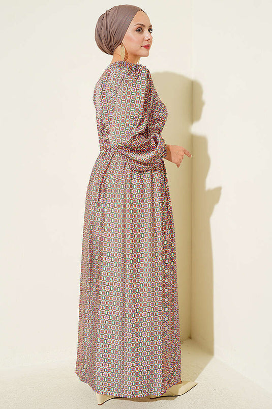 Robe En Satin Orange À Motif Et Taille Élastiquée