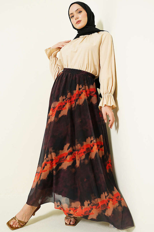 Gonna in tulle con elastico in vita a fantasia, marrone
