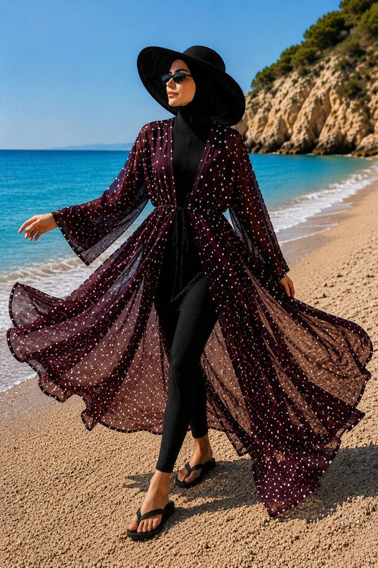 Patterned Adjustable Waist Chiffon Long Pareo Plum