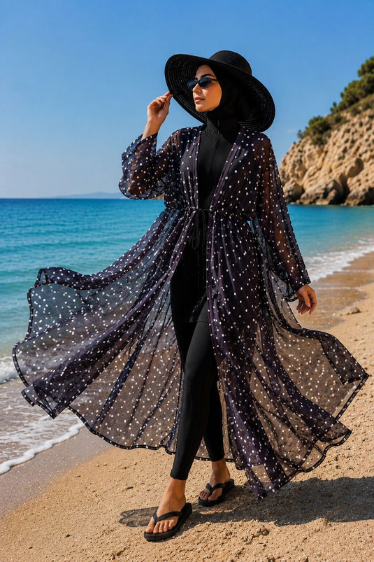 Patterned Adjustable Waist Chiffon Long Pareo Black