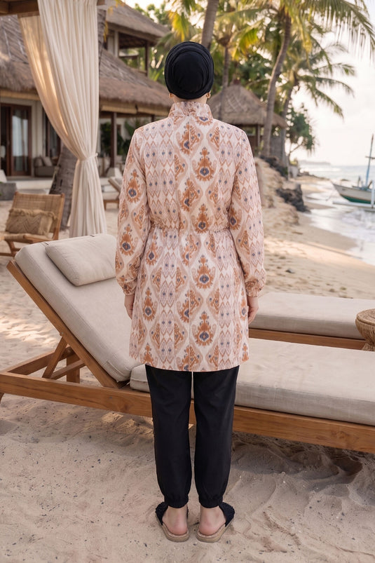 Maillot de bain modeste triple à motifs avec taille ajustable beige