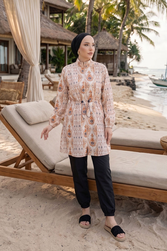 Maillot de bain modeste triple à motifs avec taille ajustable beige