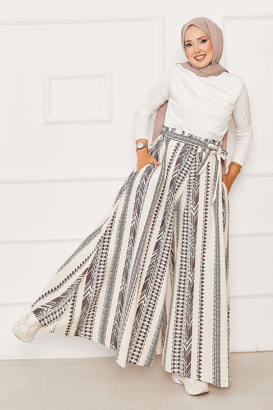 Desenli Beli Kuşak Detaylı Etek Pantolon -11