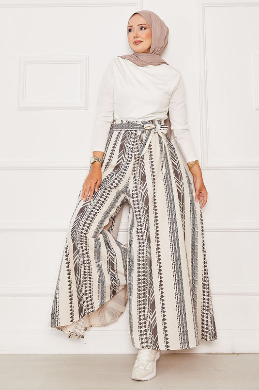 Desenli Beli Kuşak Detaylı Etek Pantolon -11