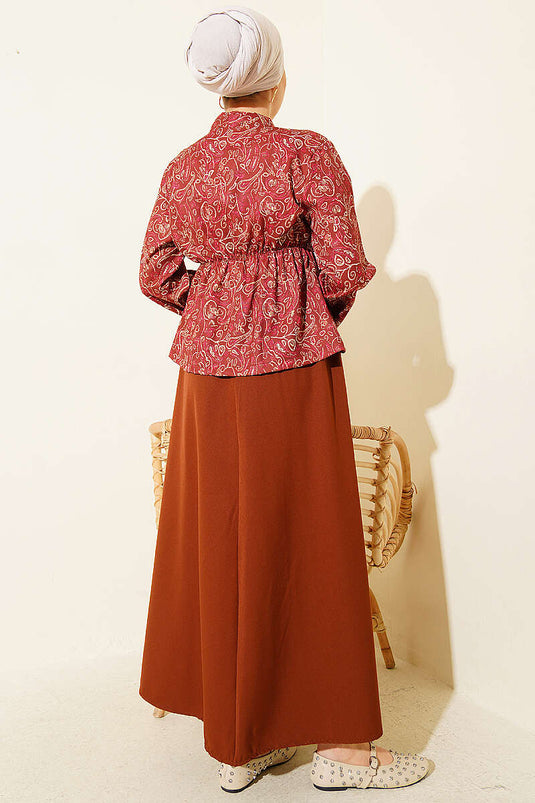 Patterned Elastic Waist Detail Skirt Two-Piece Set Brown