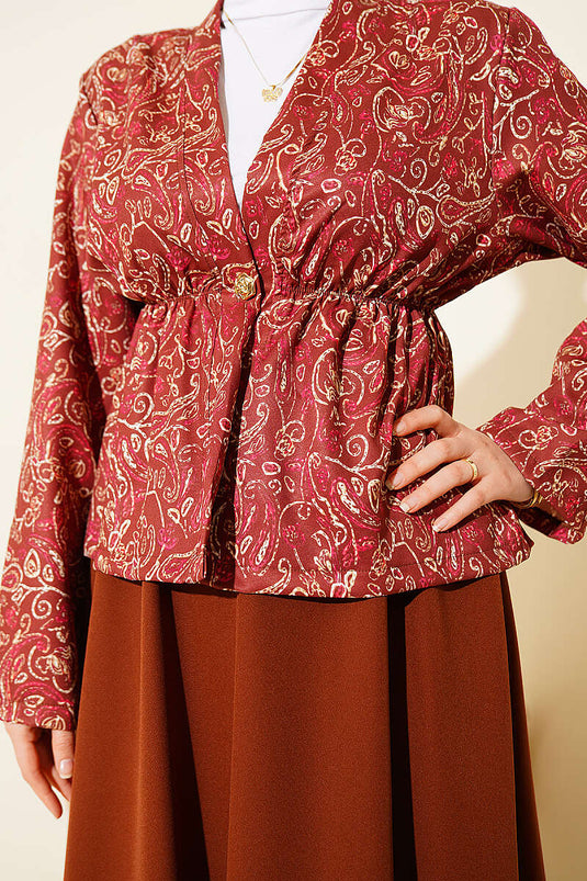 Patterned Elastic Waist Detail Skirt Two-Piece Set Brown