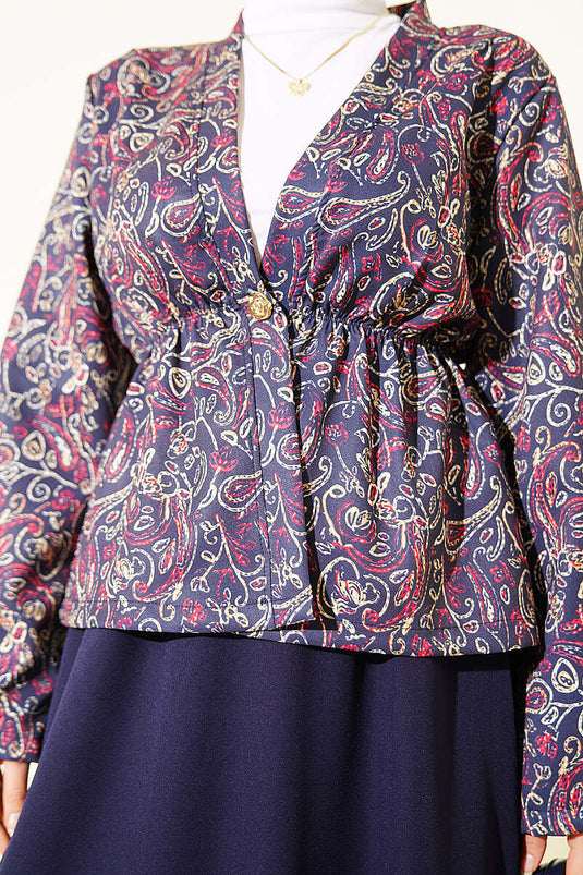 Completo due pezzi con gonna a vita elasticizzata fantasia, blu scuro