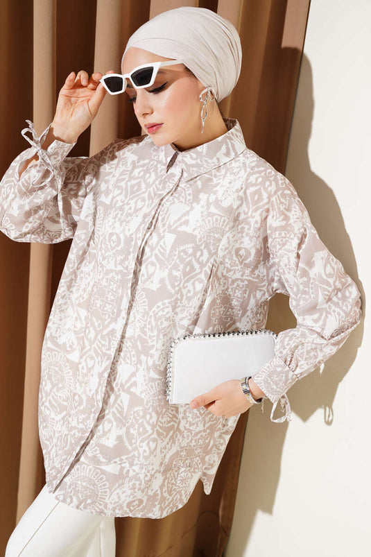 قميص منقوش بربطة حول الكاحل باللون البيج