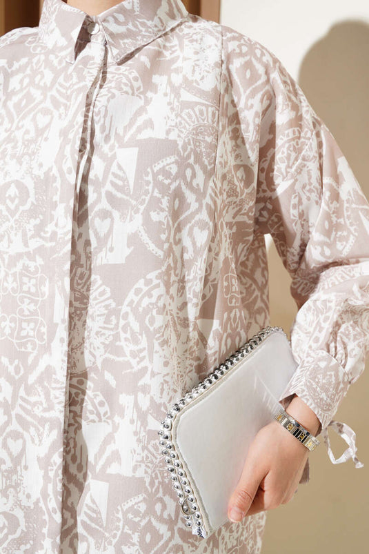 قميص منقوش بربطة حول الكاحل باللون البيج