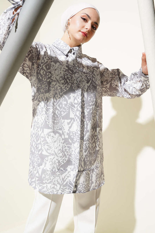 Patterned Ankle Tie Shirt Gray