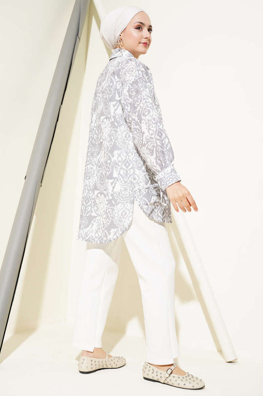 Patterned Ankle Tie Shirt Gray