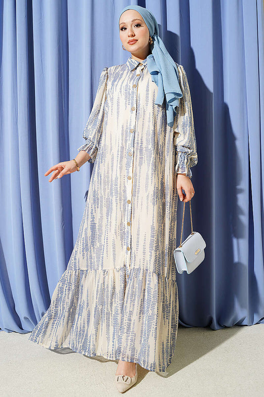 Blaue Kleid Mit Elastischen Bündchen Und Muster