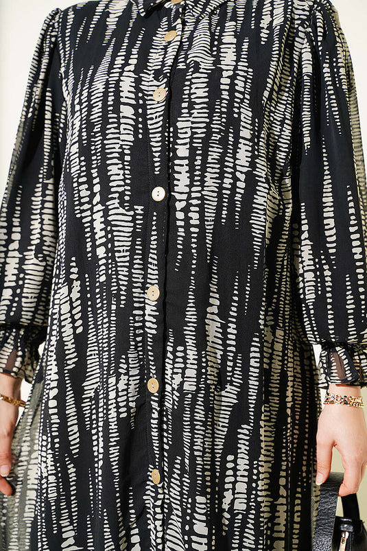 Gemustertes Schwarzes Kleid Mit Elastischen Bündchen
