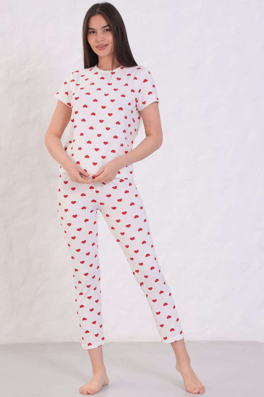 Patterned Crew Neck Pajama Set White Heart Pattern