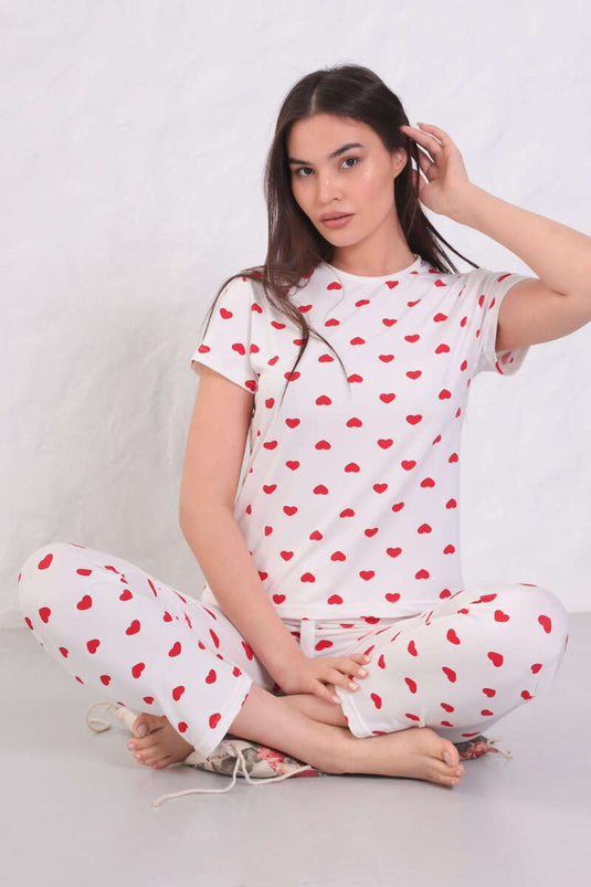 Patterned Crew Neck Pajama Set White Heart Pattern