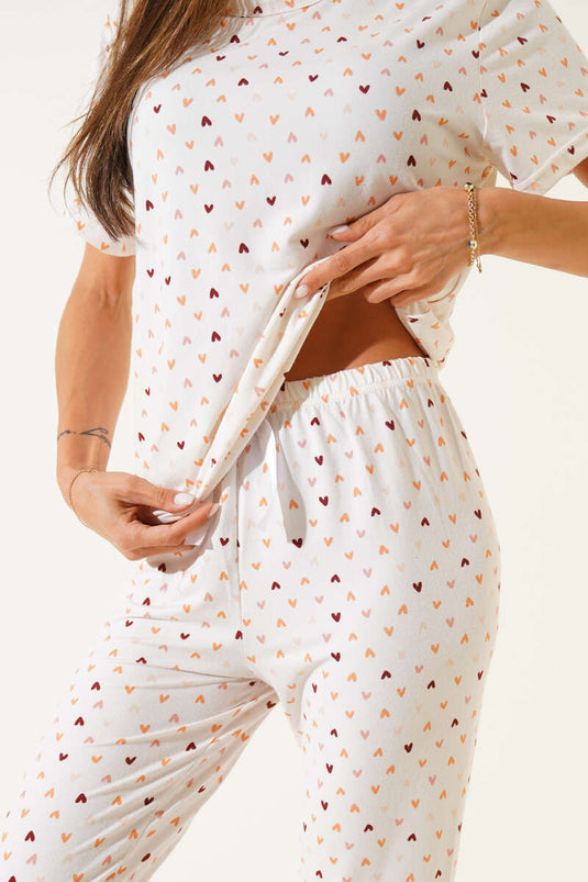 Ensemble pyjama à col rond à motifs, écru