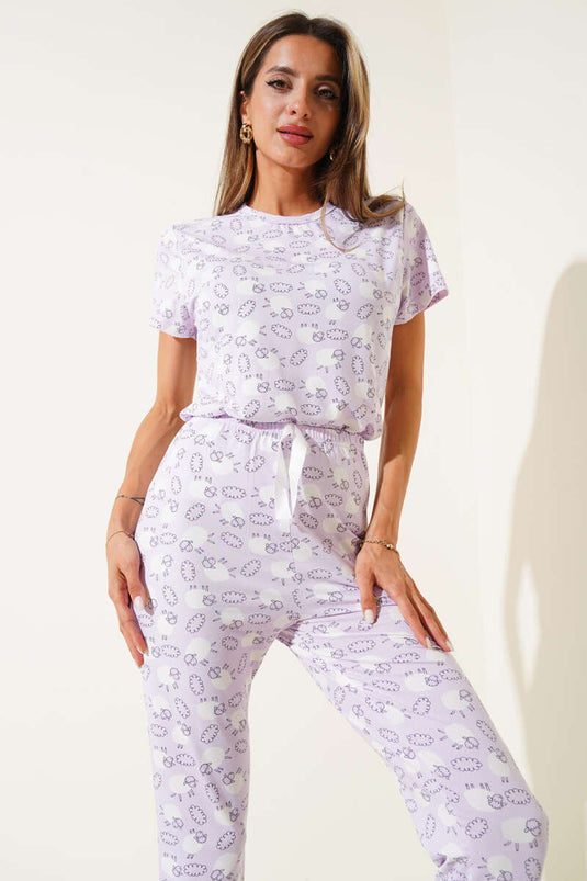 Patterned Crew Neck Pajama Set Lilac