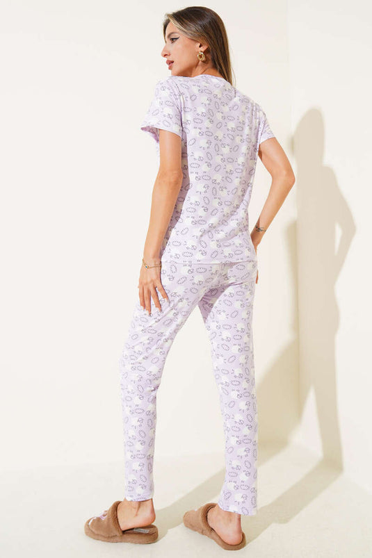 Patterned Crew Neck Pajama Set Lilac