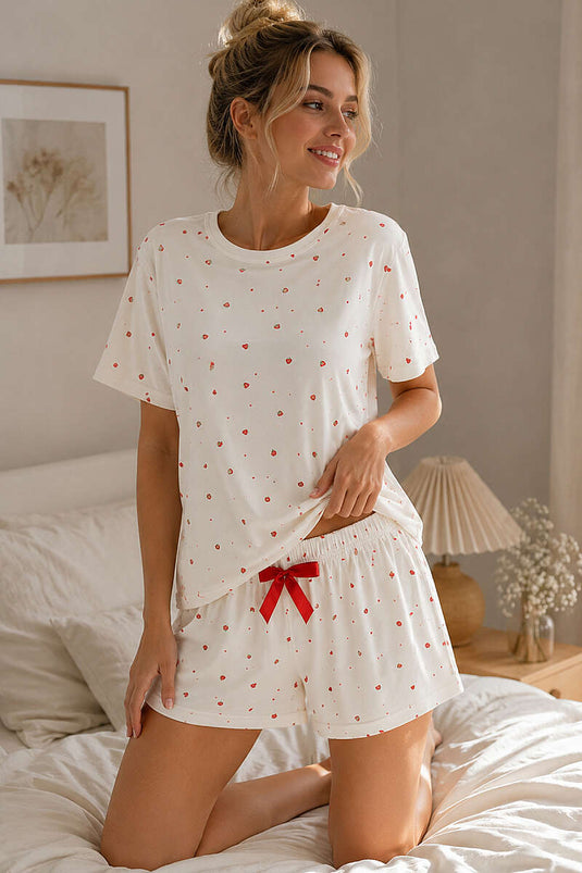 Desenli Bisiklet Yaka Şortlu Pijama Takımı Çilek