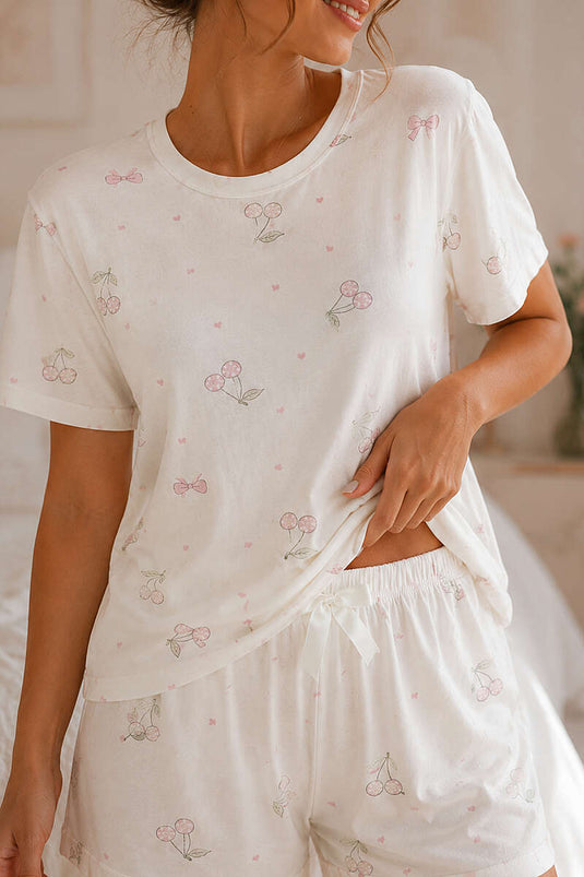 Desenli Bisiklet Yaka Şortlu Pijama Takımı Kiraz