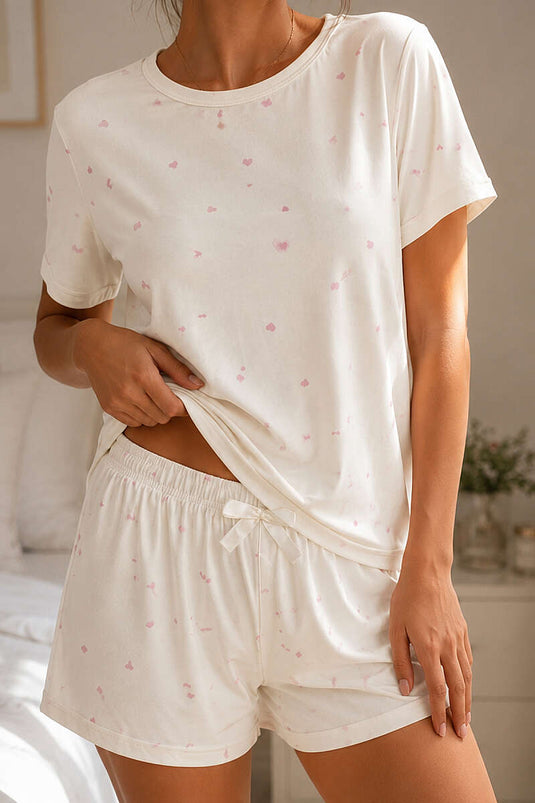 Desenli Bisiklet Yaka Şortlu Pijama Takımı Pembe