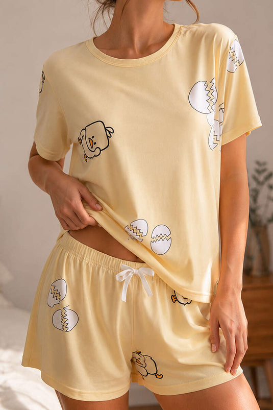 Desenli Bisiklet Yaka Şortlu Pijama Takımı Sarı