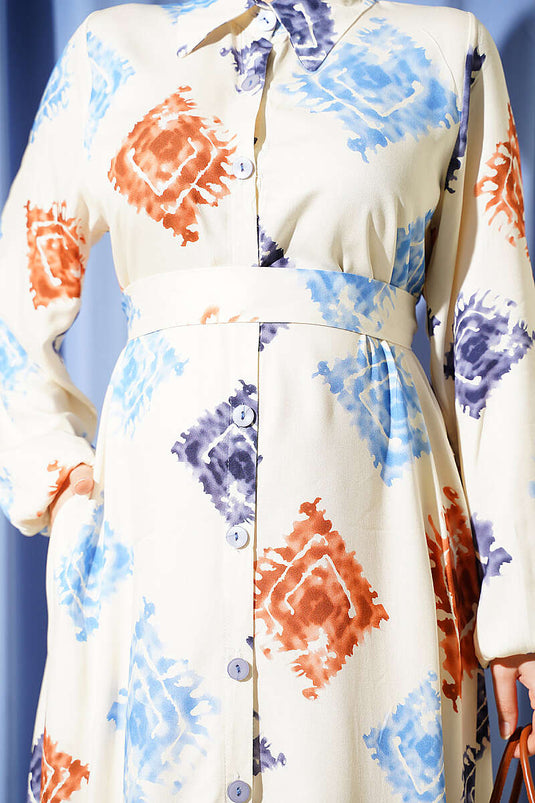 Gemustertes Langes Knopfdress In Blau