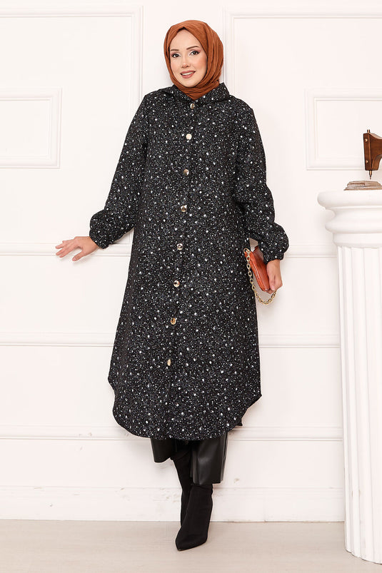 Patterned Full-Length Buttoned Kaşe Closure Black and White