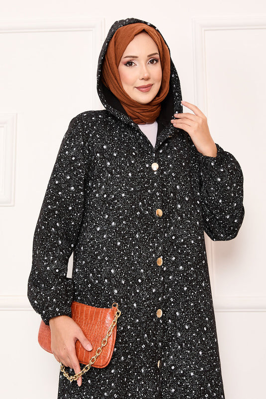 Patterned Full-Length Buttoned Kaşe Closure Black and White