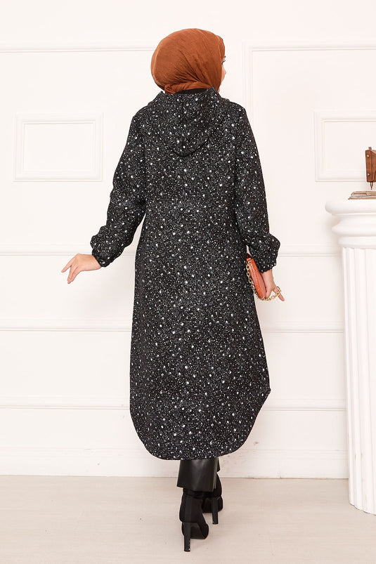 Patterned Full-Length Buttoned Kaşe Closure Black and White