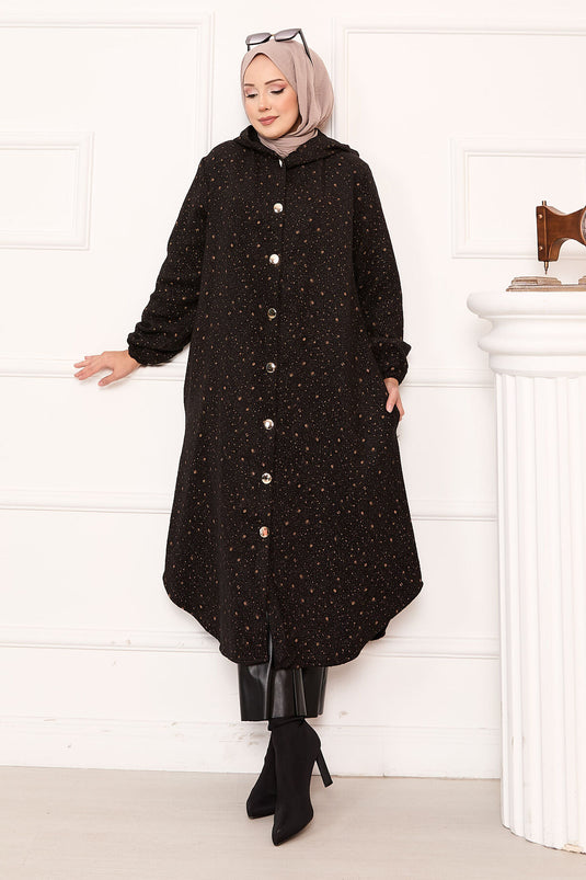 عباءة مزخرفة كاملة الطول مزودة بأزرار على طراز كاشي كاب – أسود-فوزون