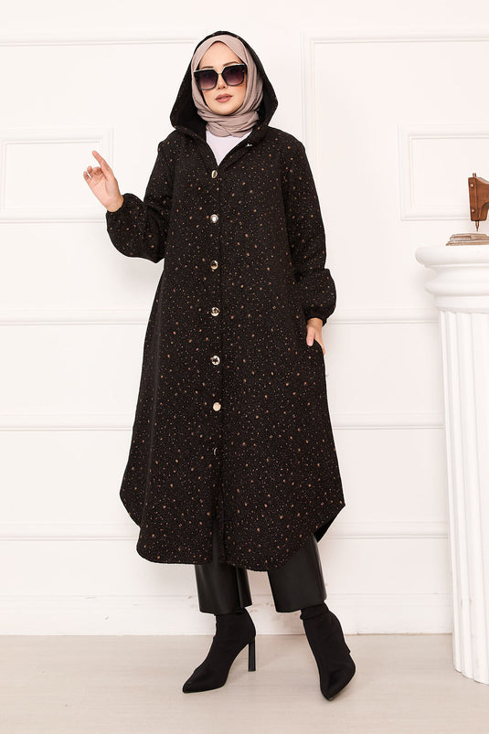 عباءة مزخرفة كاملة الطول مزودة بأزرار على طراز كاشي كاب – أسود-فوزون