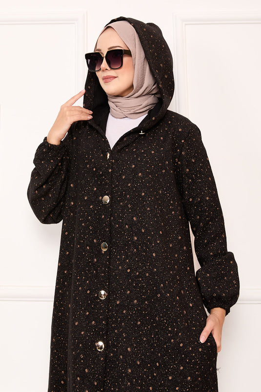 Patterned Full-Length Buttoned Kaşe Cape Black-Fawn