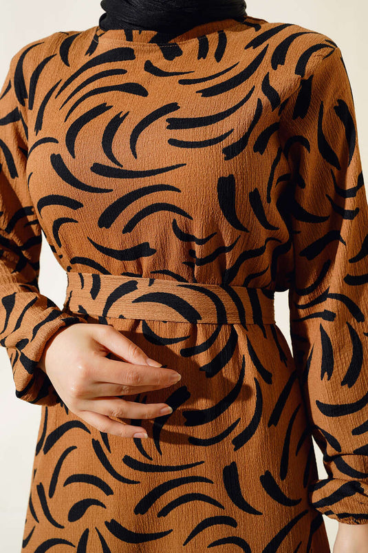 Patterned Ruffled Dress Camel