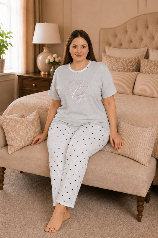 Desenli Büyük Beden Pijama Takımı Açık Gri
