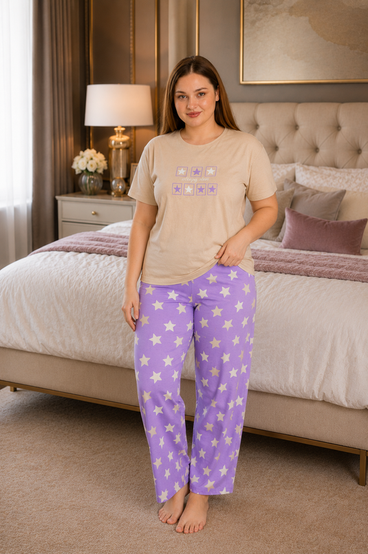 Desenli Büyük Beden Pijama Takımı Bej