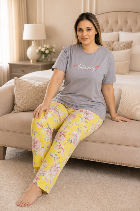 Desenli Büyük Beden Pijama Takımı Gri