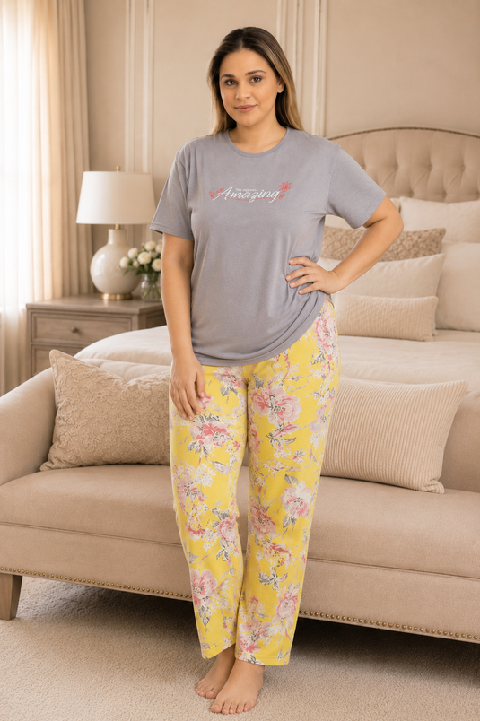 Desenli Büyük Beden Pijama Takımı Gri