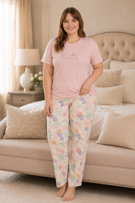 Desenli Büyük Beden Pijama Takımı Pudra