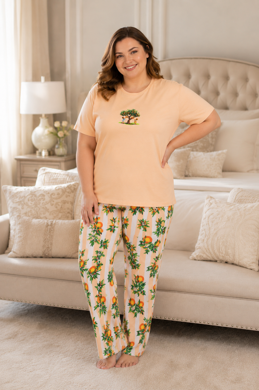 Desenli Büyük Beden Pijama Takımı Somon