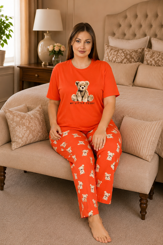 Desenli Büyük Beden Pijama Takımı Turuncu