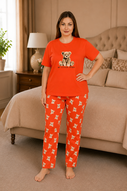 Desenli Büyük Beden Pijama Takımı Turuncu