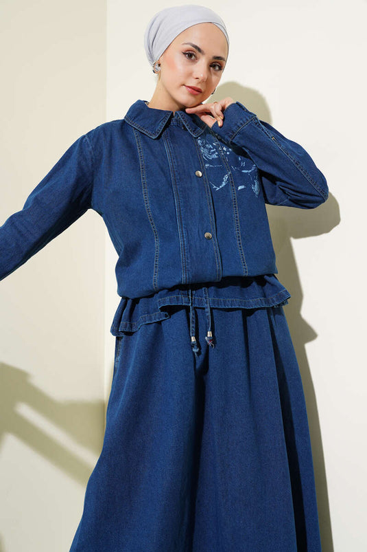 Patterned Snap Button Skirted Denim Suit Navy Blue