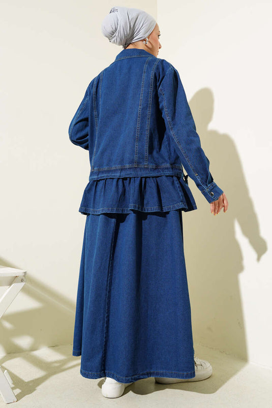 Patterned Snap Button Skirted Denim Suit Navy Blue