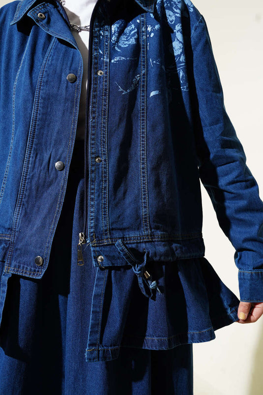 Patterned Snap Button Skirted Denim Suit Navy Blue