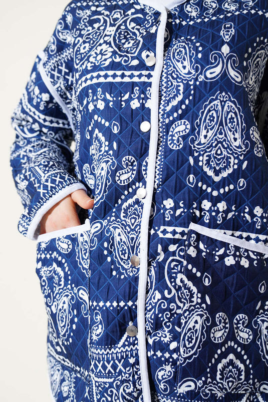 Desenli Çıtçıtlı Kapitone Ceket Lacivert