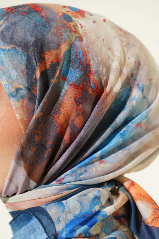 وشاح مطبوع رقميًا بنقوش، أزرق بترولي