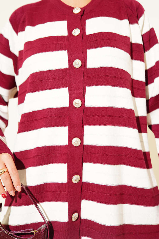 Patterned Button Detailed Knit Cardigan Burgundy