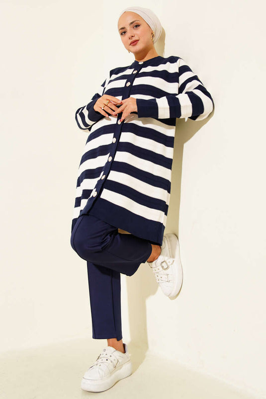 Patterned Button Detailed Knit Cardigan Navy Blue